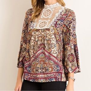 Umgee Mock Lace Neck Boho Blouse